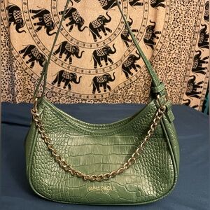 Italian Leather Shoulder/Crossbody Bag with Chain Green Crocodile Gold Hardware